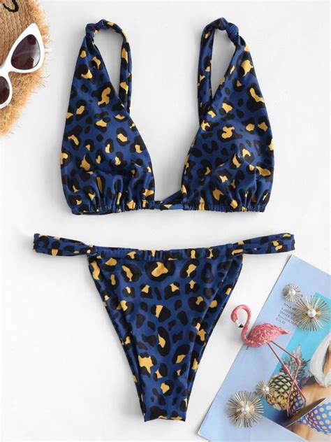 24 Off 2020 Zaful Leopard Knots Gathered String Bikini Swimwear In