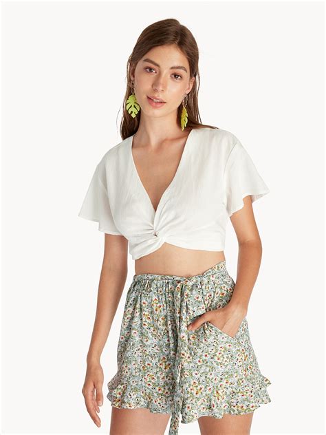 Bell Sleeve Front Knot Crop Top White Pomelo Fashion