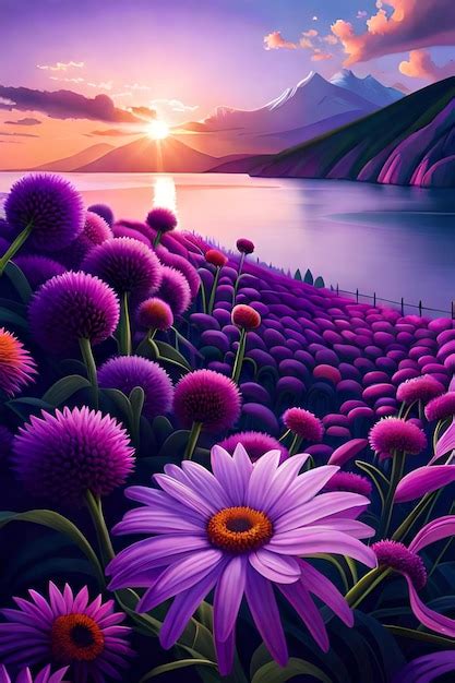 Premium Ai Image A Painting Of A Purple Flower Field With The Sun