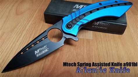 Mtech Spring Assisted Blue And Black Tactical Knife With Finger Hole