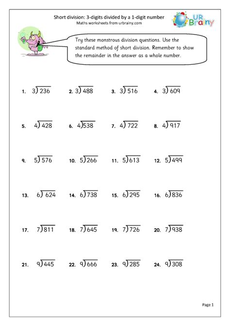 Dividing 3 Digit By 1 Digit Numbers With Remainders Worksheet