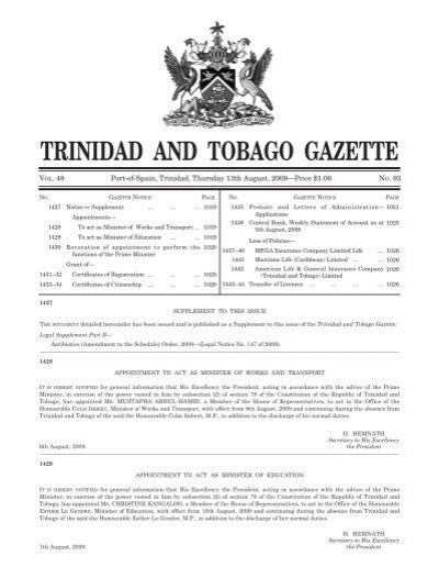Trinidad And Tobago Gazette Trinidad And Tobago Government