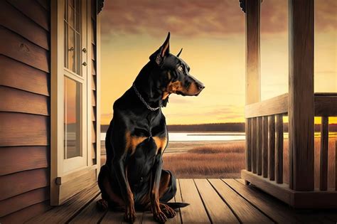Premium Ai Image Doberman Pinscher Sitting On Porch With View Of