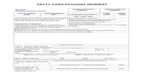 IMPREST FUND PETTY CASH ACCOUNT REQUEST Obm Ohio Gov Forms Doc
