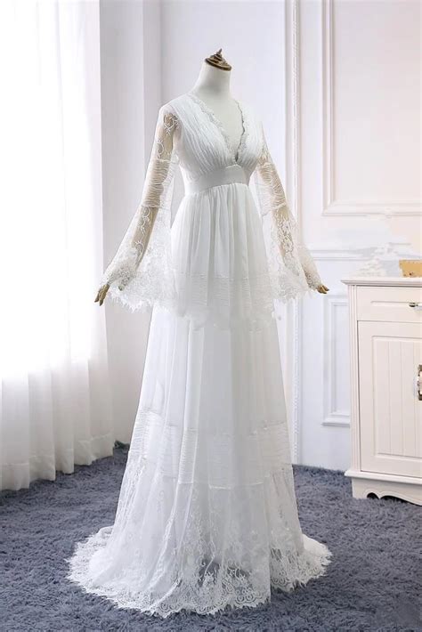 A Line Long Sleeve V Neck Lace Ivory Wedding Dresses V Neck Beach