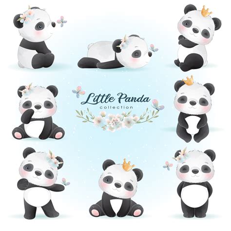 Cute Little Panda Poses Clipart With Watercolor Illustration