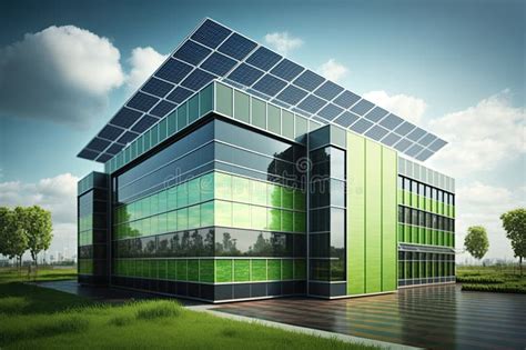 Green Office Building With Solar Panels And Energy Efficient Windows