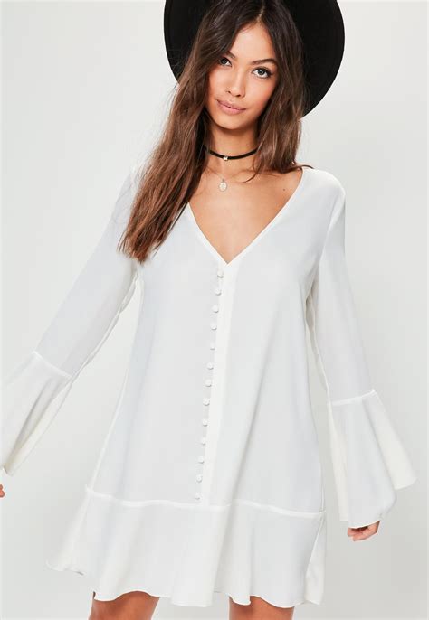 Missguided White Button Down Frill Hem Shirt Dress Women Dress