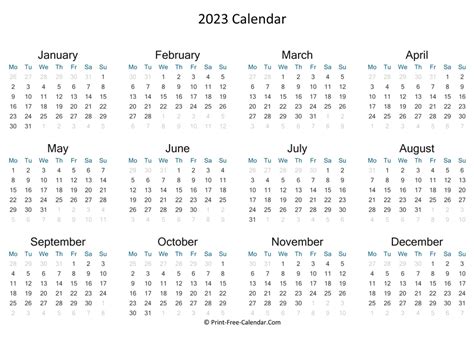 Print Free Calendar 2023