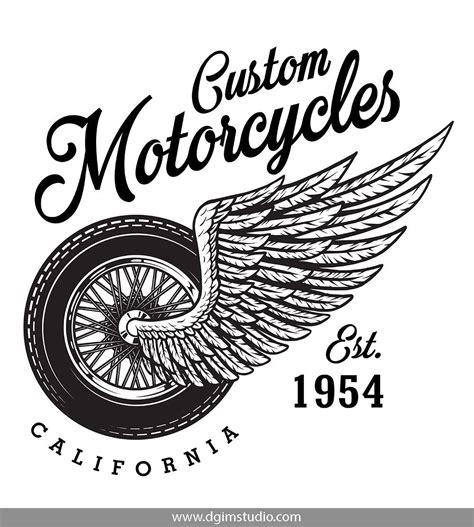 Vintage Monochrome Custom Motorcycles Badge With Winged Moto Wheel