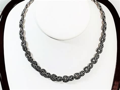 Vintage Sterling Silver Marcasite Choker Necklace 16 W2 Extension