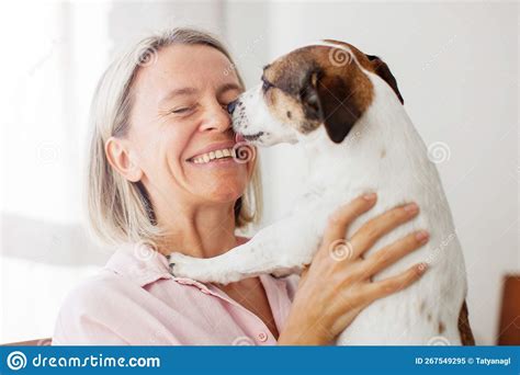 Dog Kissing Or Licking Woman Stock Image Image Of Love Domestic