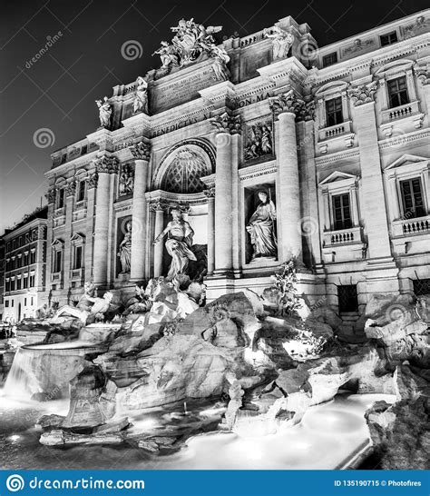 Black And White Night View Of Trevi Fountain In Rome Italy Stock Image