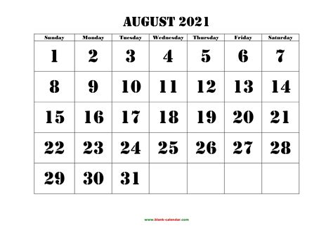 August 2021 Calendar Printable Template Best Calendar Example