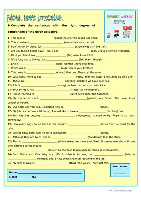 Comparative adjectives compare one person or thing with another and enable us to say whether a person or thing has more or less of a particular quality comparative adjectives: Degrees of comparison worksheet - Free ESL printable ...