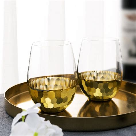 Brass Tone Hammered Design Stemless Wine Glasses Set Of 4 Myt