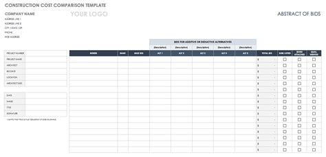 Construction Bid Comparison Spreadsheet For Free Price Comparison