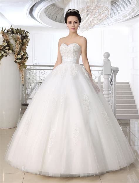 White Ball Gown Strapless Sweetheart Neck Lace Floor Length Wedding