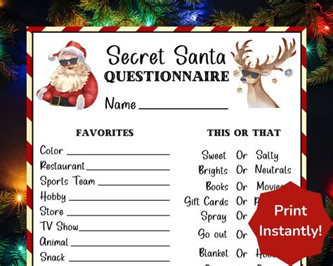 Secret Santa Questionnaire Secret Santa Survey Gift Exchange Etsy