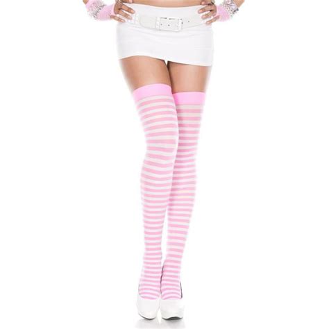 Kento Gear 4741 Neon Pink White Striped Thigh High Stockings Neon