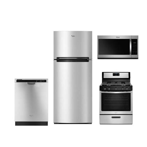 Explore the popular 4 piece sets consisting a combination of a refrigerator, microwave, range, wall oven, cooktop, and/or… Whirlpool 4 Piece Kitchen Appliance Package with Gas Range ...
