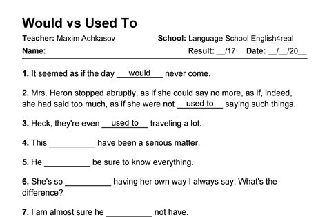 Would Vs Used To English Grammar Fill In The Blanks Exercises With