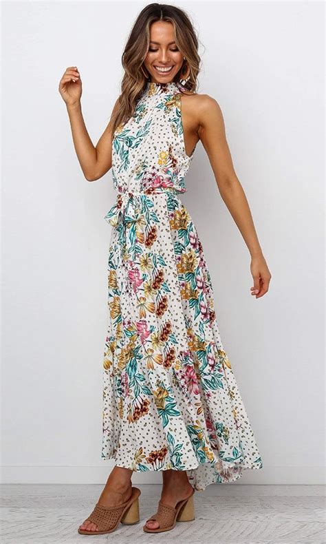 Tropical Floral Print Halter Midi Dress Elegant Maxi Dress Maxi