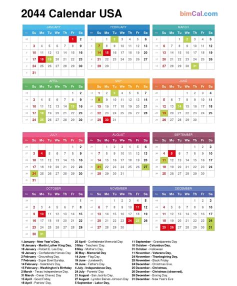 2044 Calendar Usa Bimcal
