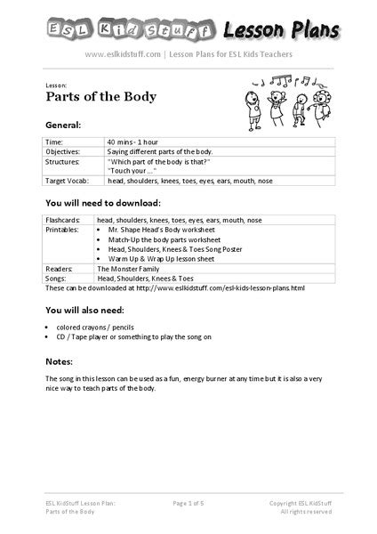 Parts Of The Body Lesson Plan For Pre K 2nd Grade Lesson Planet