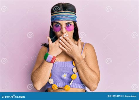 Young Brunette Woman Wearing Bohemian And Hippie Style Shocked Covering