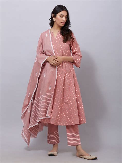 Buy Old Rose Polka Printed Cotton Suit Set Of 3 Online At Theloom