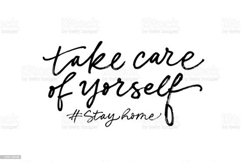 Take Care Of Yourself Vector Hand Drawn Lettering Hashtag Stay Home