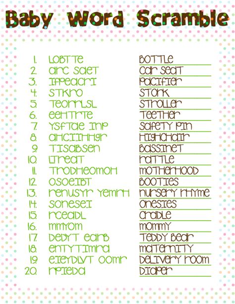 Baby Shower Unscramble Answers Free Printable Baby Shower Word