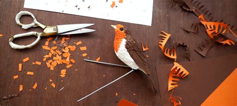 Hand Made Paper And Wood European Robin On A Branch Installed In A