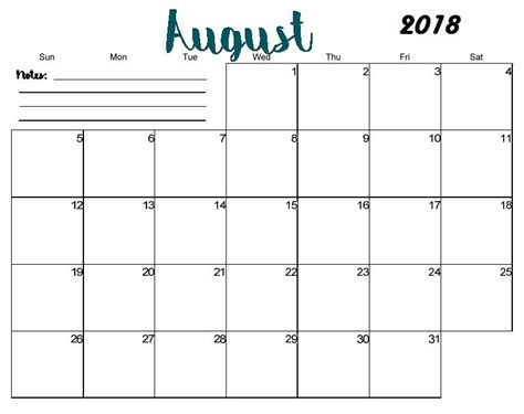 Free Printable Blank August Calendar 2018 August Calendar Excel