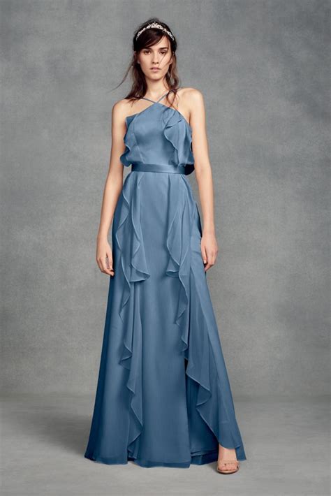 Chiffon High Neck Bridesmaid Dress With Tie Back Style VW Steel Blue High Neck