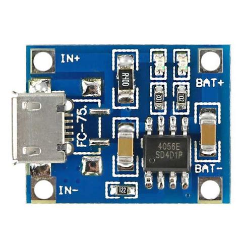 The following image shows the module used in this project. TP4056 DIY 1A Micro USB Li-Ion Battery Charging Board Charger Module - Blue. This is a 3.7V ...
