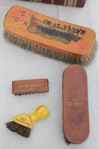 Antique Shoe Shine Brushes In Old Wood Box Footstool Vintage Shoe