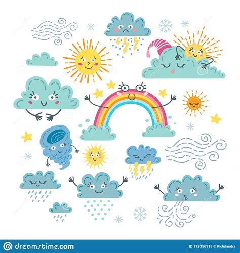 Cute Weather Set A Forecast Meteorology Symbols Stock Vector