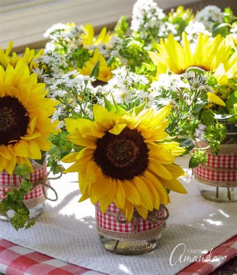 Mason Jar Centerpieces Sunflower Filled Jars Decorated With Burlap