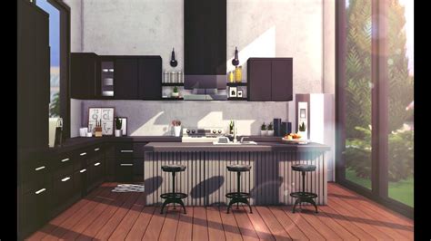 An Image Of A Modern Kitchen Setting With Bar Stools And Countertop