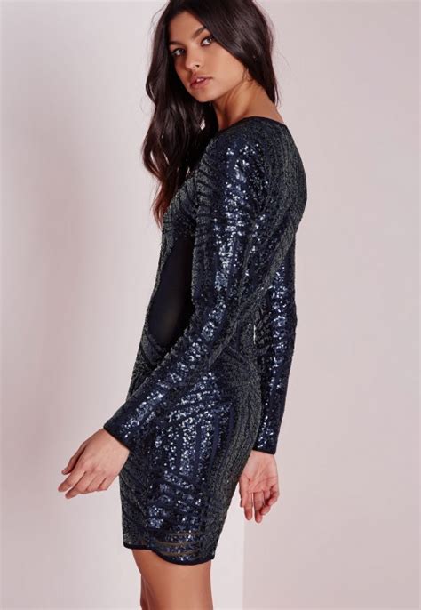 missguided long sleeve sequin bodycon dress navy in blue lyst