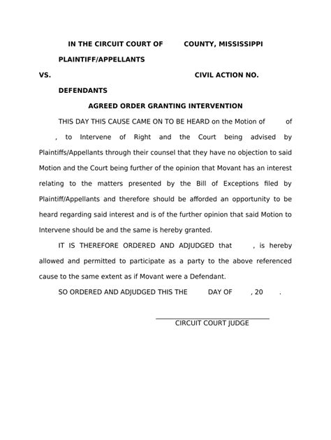 Agreed Order Granting Intervention Mississippi Doc Template Pdffiller