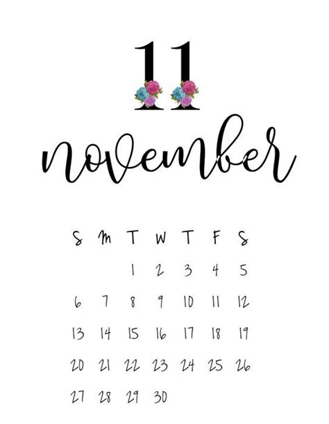 10 Amazing November 2018 Floral Printable Calendar