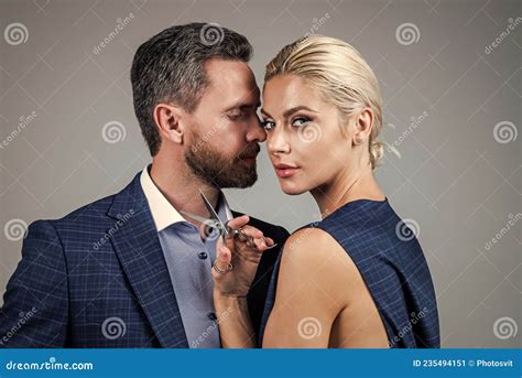 Woman And Man In Love Embrace Having Romantic Relations Hold Barber Tools Barbershop Stock