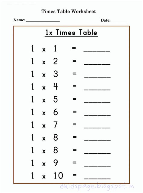 Kids Page Printable 1 X Times Table Worksheets For Free