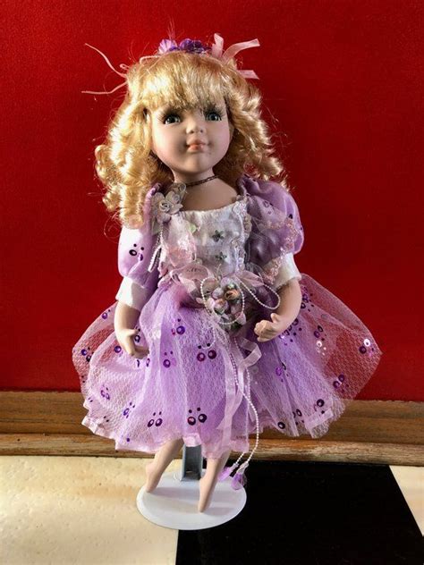 Vintage Porcelain Art Doll Blonde Curly Hair Blue Eyes Purple Etsy
