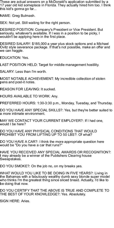 These Are Actual Answers On A Mcdonalds Application Submitted By A 17