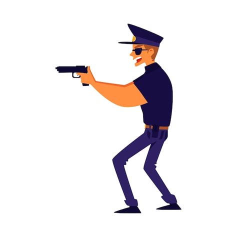 Premium Vector A Policeman Aiming With A Gun Cartoon Illustration On