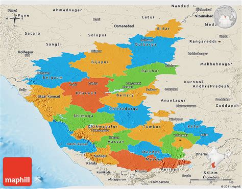 It is the 6th largest state by area, with 30 districts being home to around 62 million residents. Political Panoramic Map of Karnataka, shaded relief outside